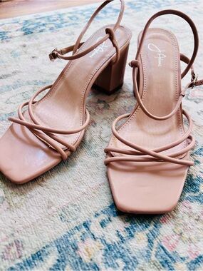 J. Adams Strappy Block Heel Sandals Square Toe Ankle Strap - Nude Blush - Size 7